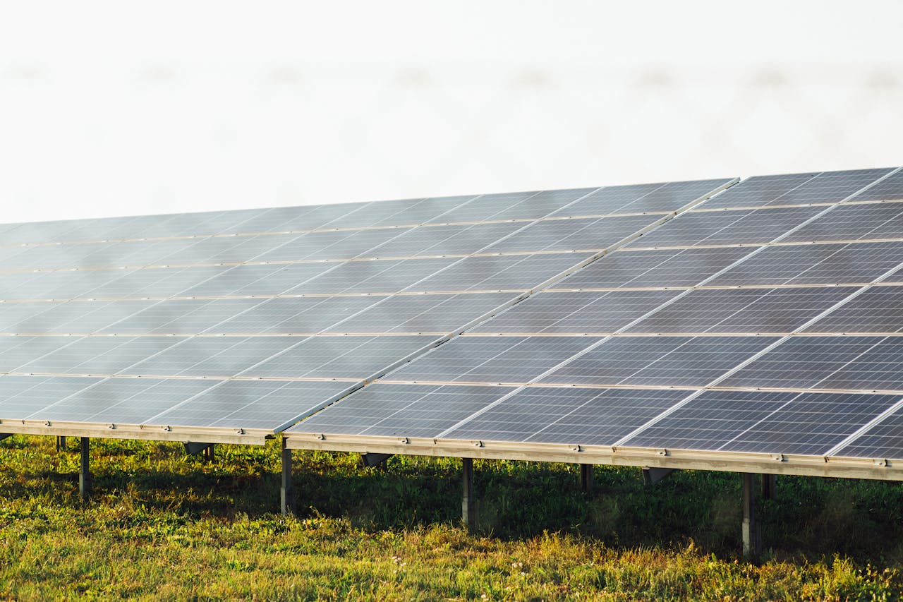 Expansive solar panel array harnessing clean energy in a sunny outdoor field scene.